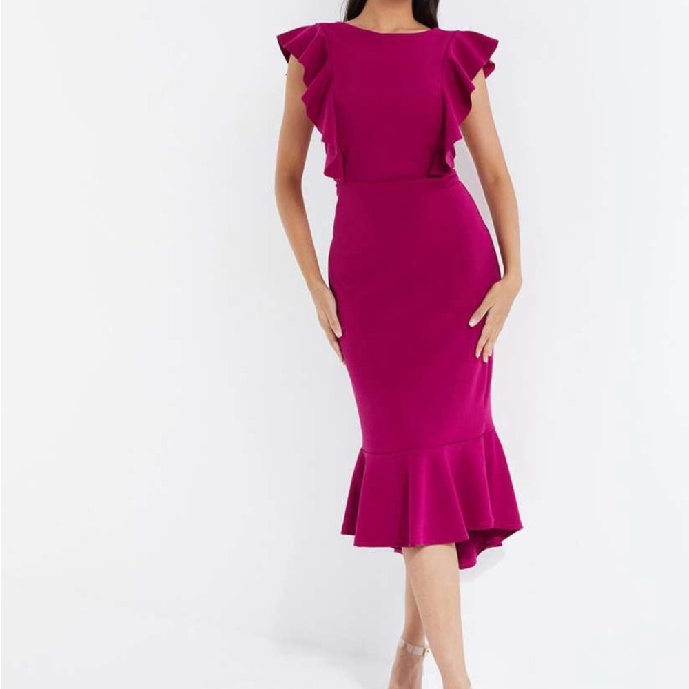 Elegant Sleeveless Ruffle Mermaid Cocktail Magenta Midi Dress NWT Size L